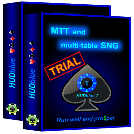 HUDblue T, MTT HUD and HUDblue CS, 6-Max Cash HUD - Trial - box illustration.