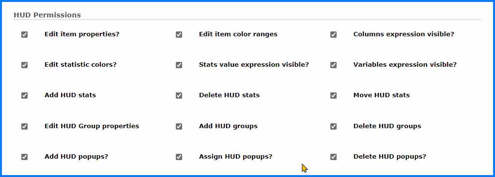 HUD Permissions that are granted for customization of purchased HUDblue profiles.
