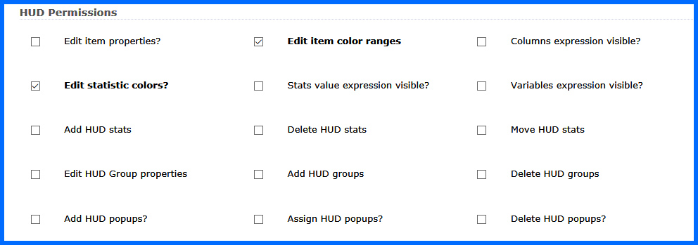 HUD permissions that are granted for customizing HUDblue HUDs in trial offers.